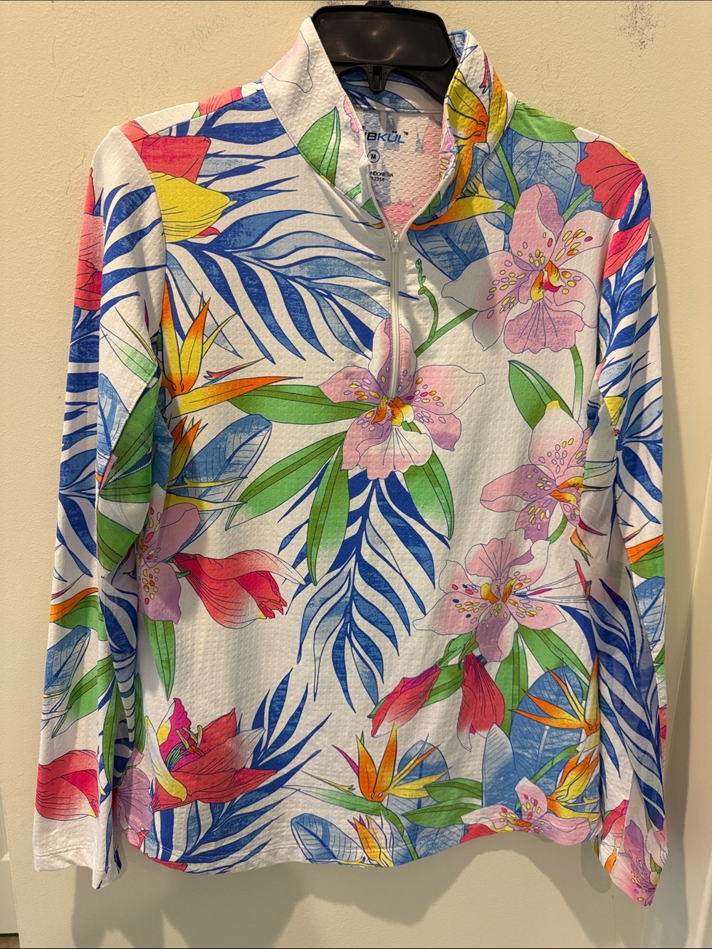 IBKUL Tropical Floral Quarter-Zip Long Sleeve Top -Blue, Pink, Green mesh size M